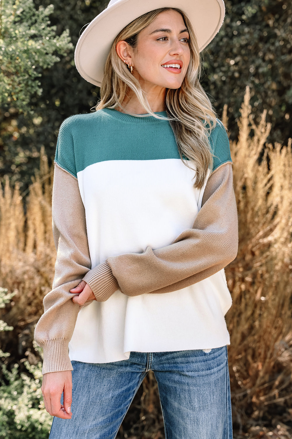 Colorblock Ribbed Knit Long Sleeve Sweater