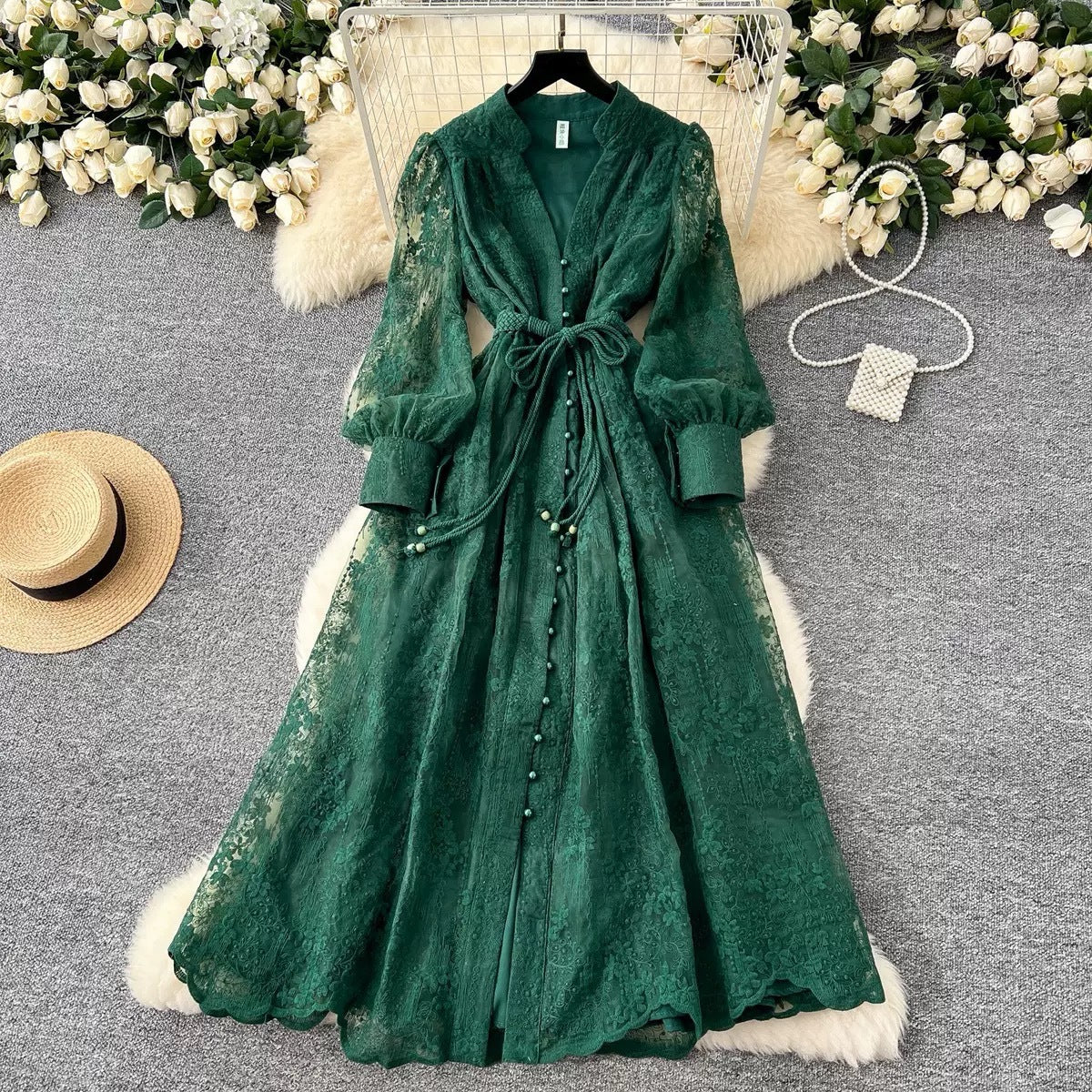 French Embroidered V-Neck Lantern Sleeve Dress