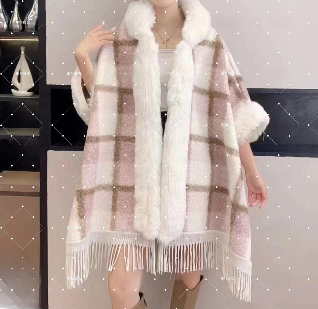 Hooded Fleece-Lined Cape with Tassel