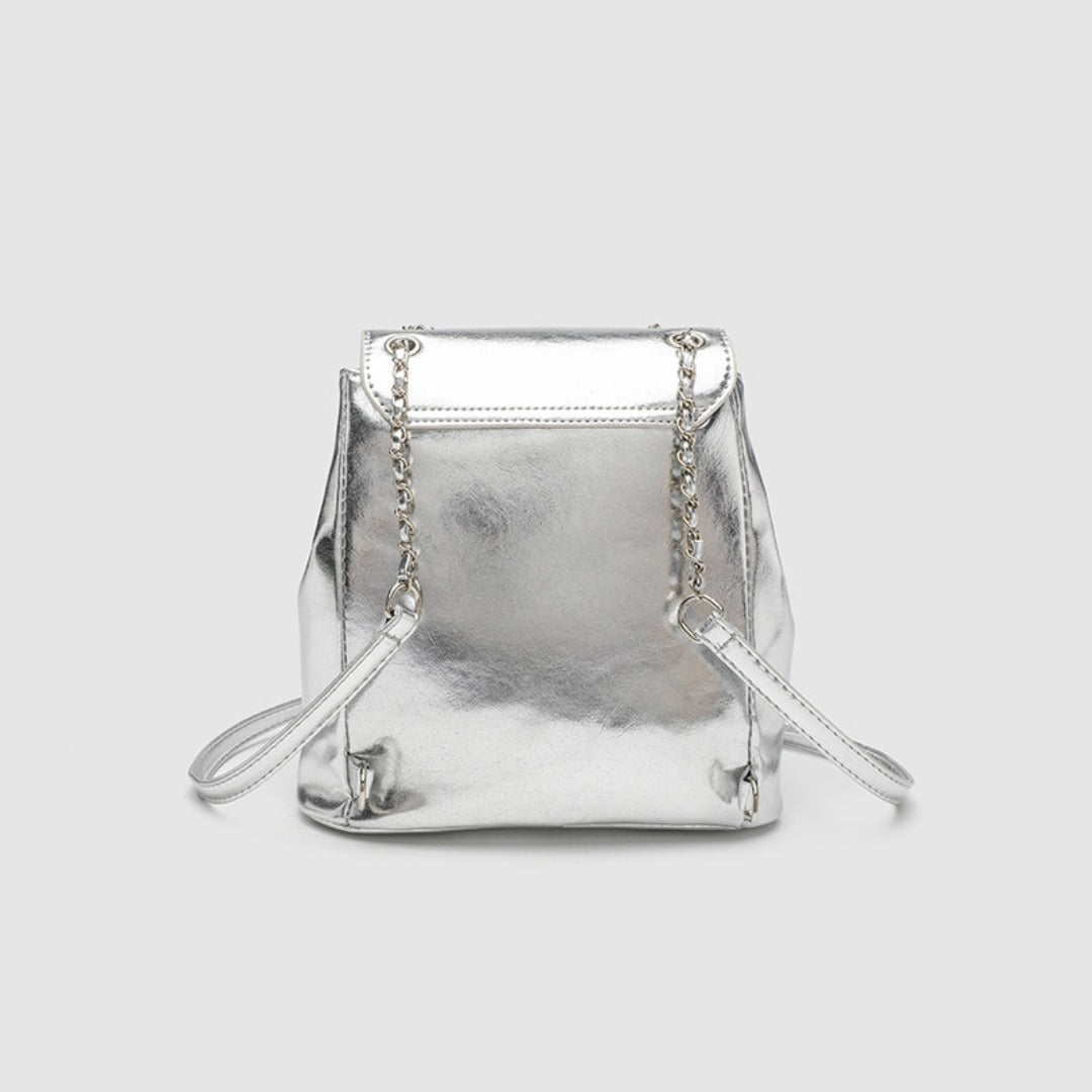 Elegant Design Silver Backpack Purse – Stylish Women's Fashion Chain Versatile Travel Bucket Bag with Metallic Finish