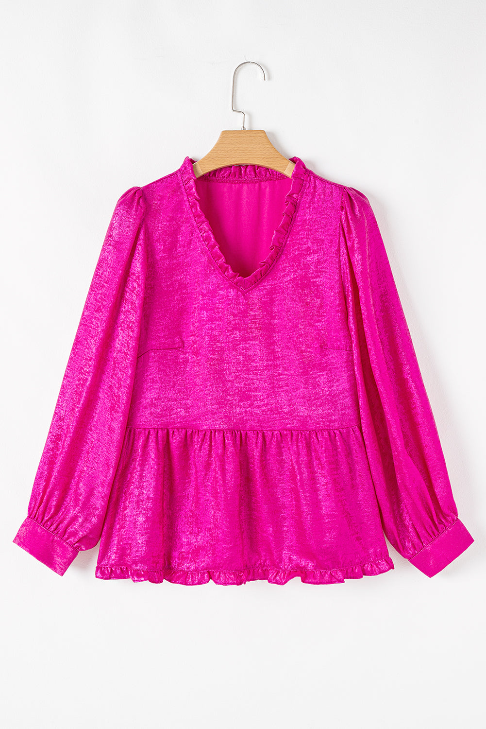 Solid Metallic V-Neck Puff Sleeve Babydoll Blouse
