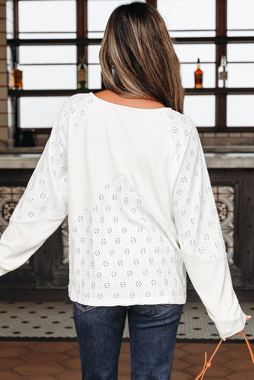 Corded Knit Patchwork Embroidered V-Neck Blouse