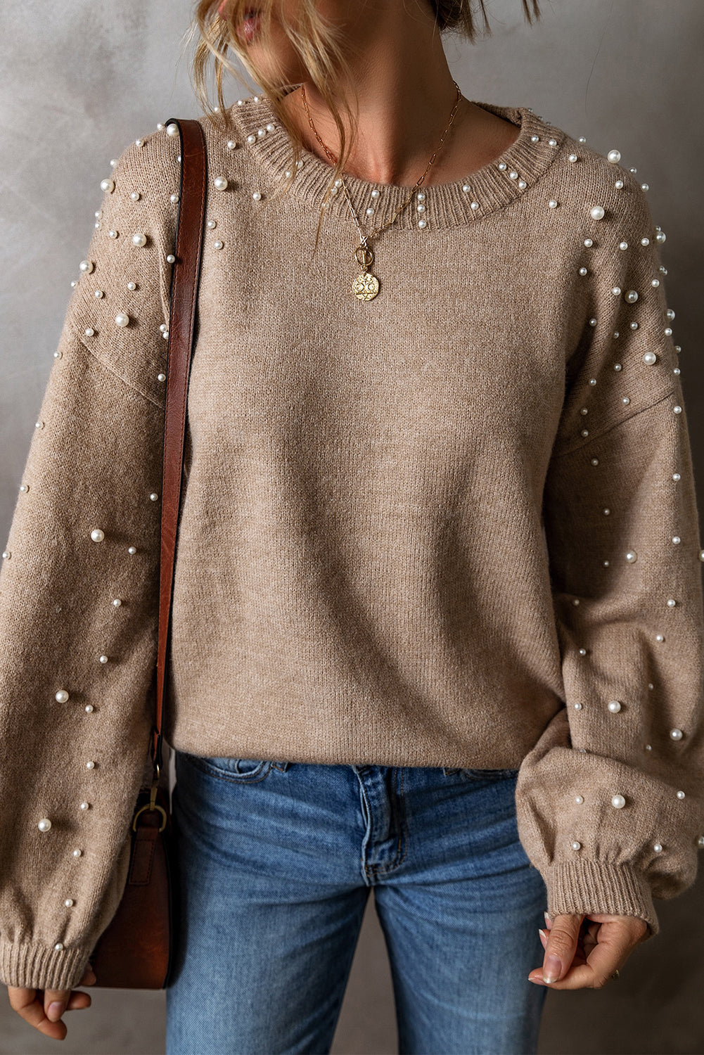 Solid Pearl Drop Shoulder Round Neck Sweater