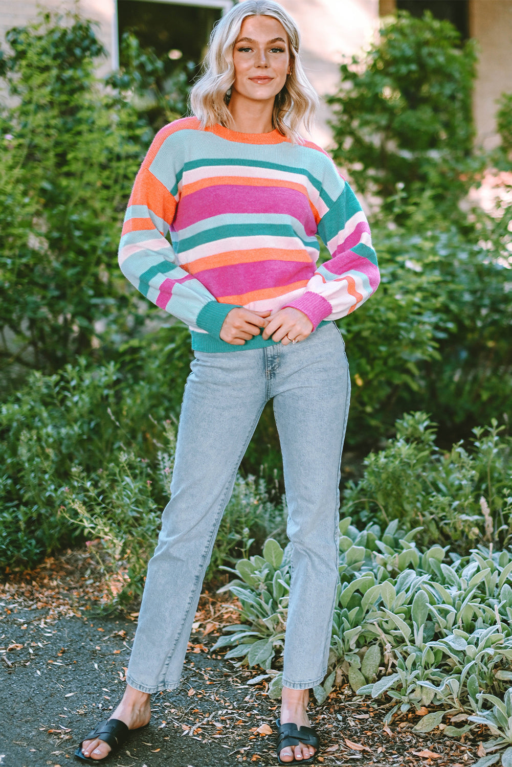 Stripe Knit Drop Shoulder Puff Sleeve Sweater