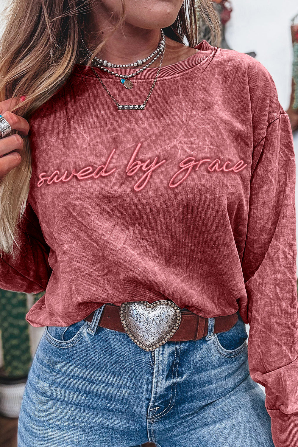 SAVED BY GRACE Embroidered Mineral Wash Sweatshirt
