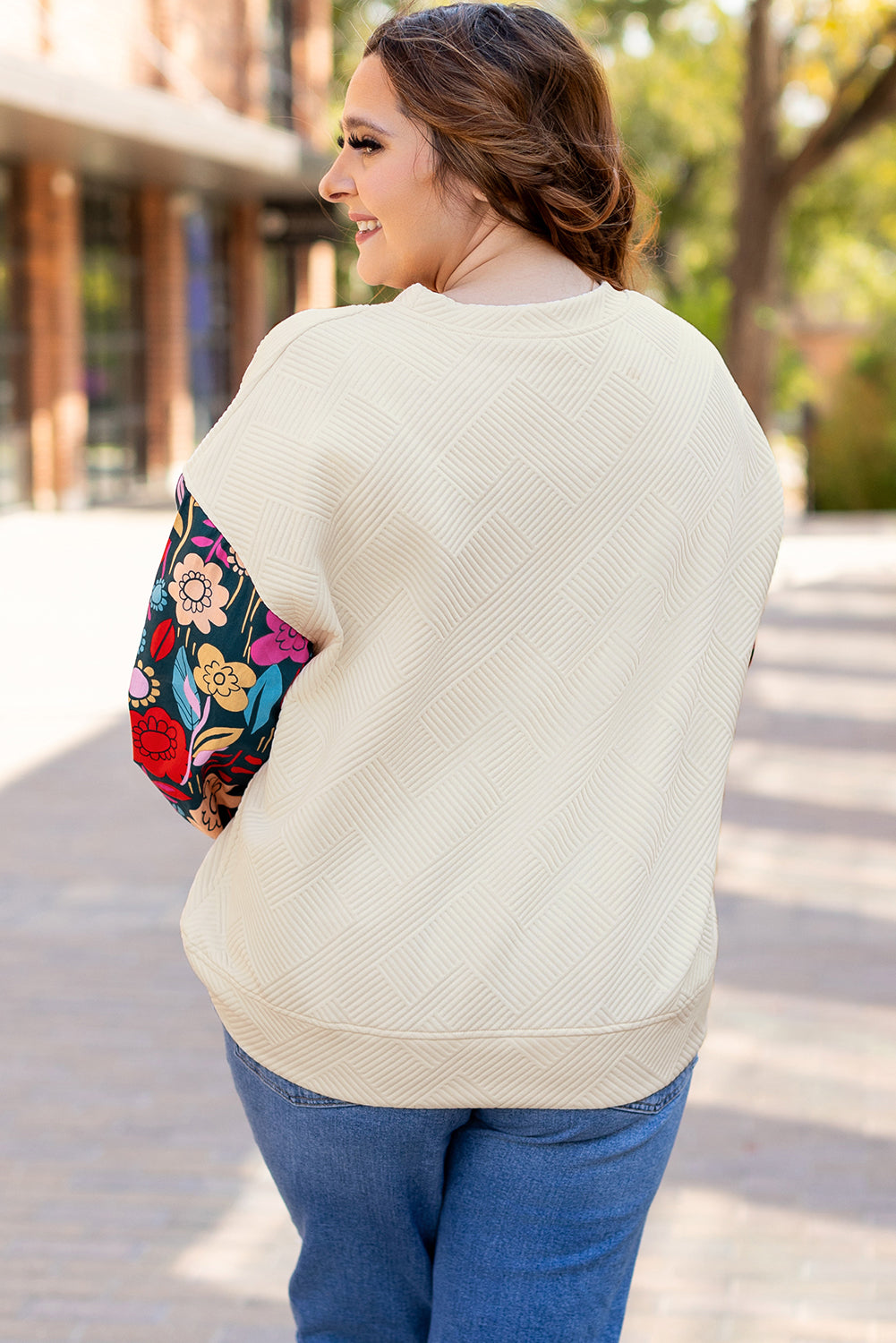 Plus Size Floral Patchwork Sleeve Textured Top