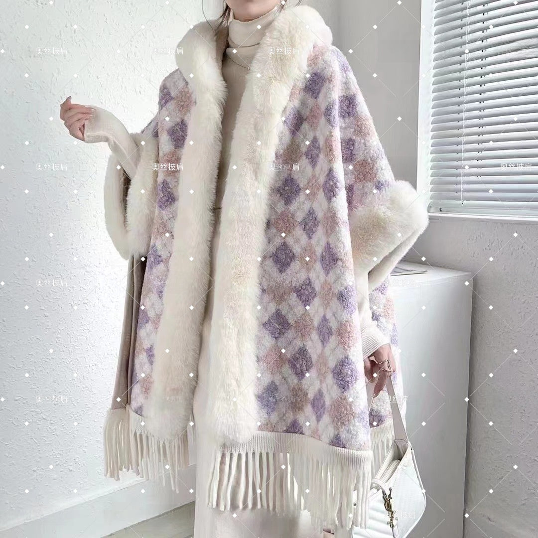 Hooded Fleece-Lined Cape with Tassel