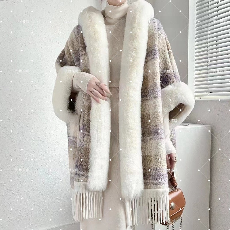 Hooded Fleece-Lined Cape with Tassel