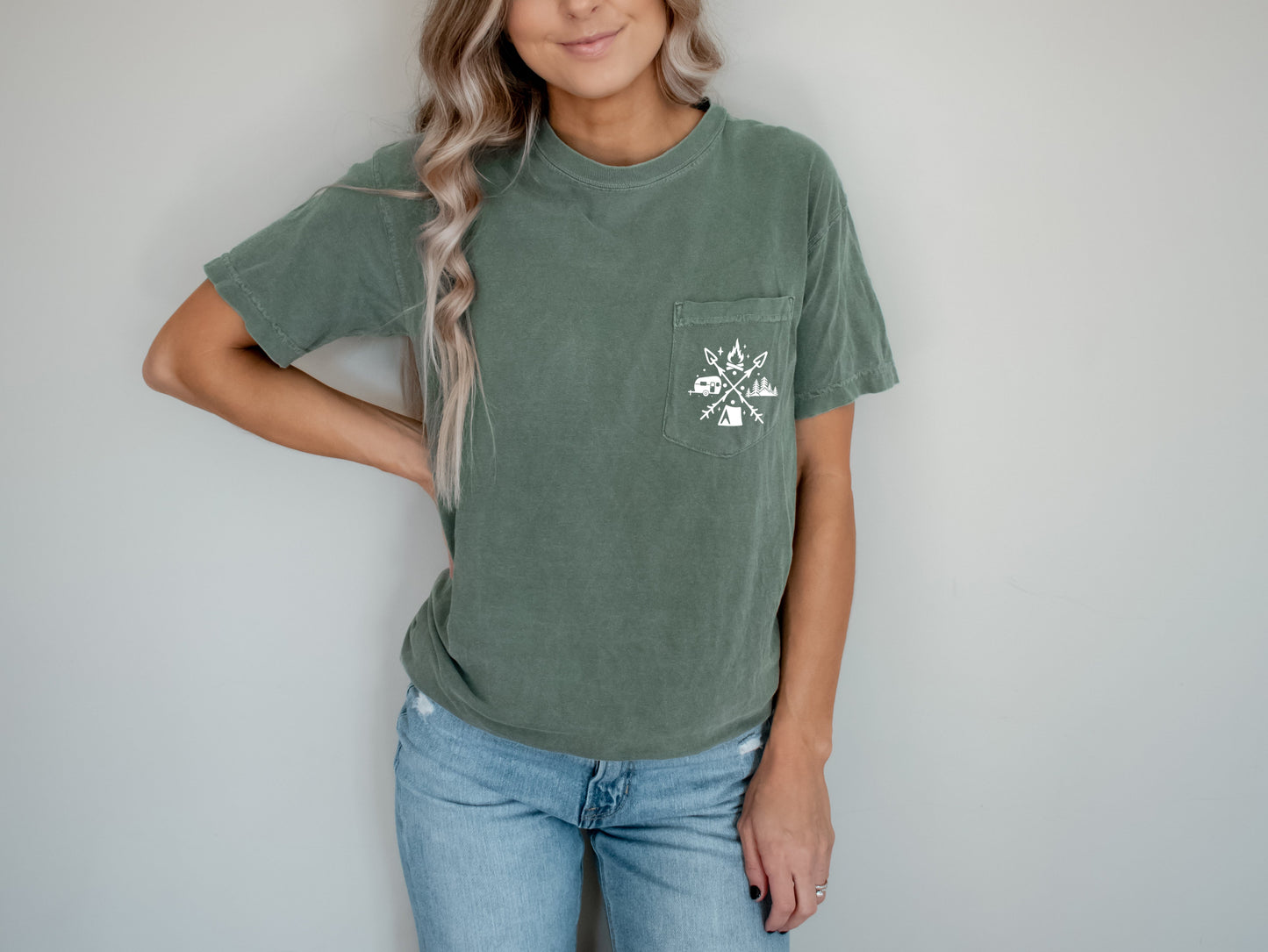 Camping and Hiking Mountain Comfort Colors Pocket T Shirt | Nature, Vacation, Summer, (X shape)