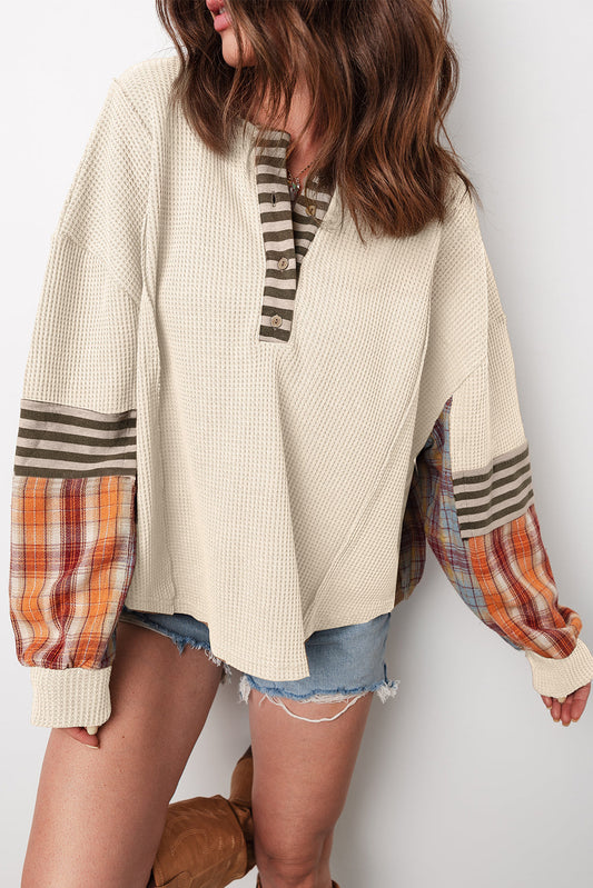 Stripe Plaid Patchwork Waffle Knit Henley Top