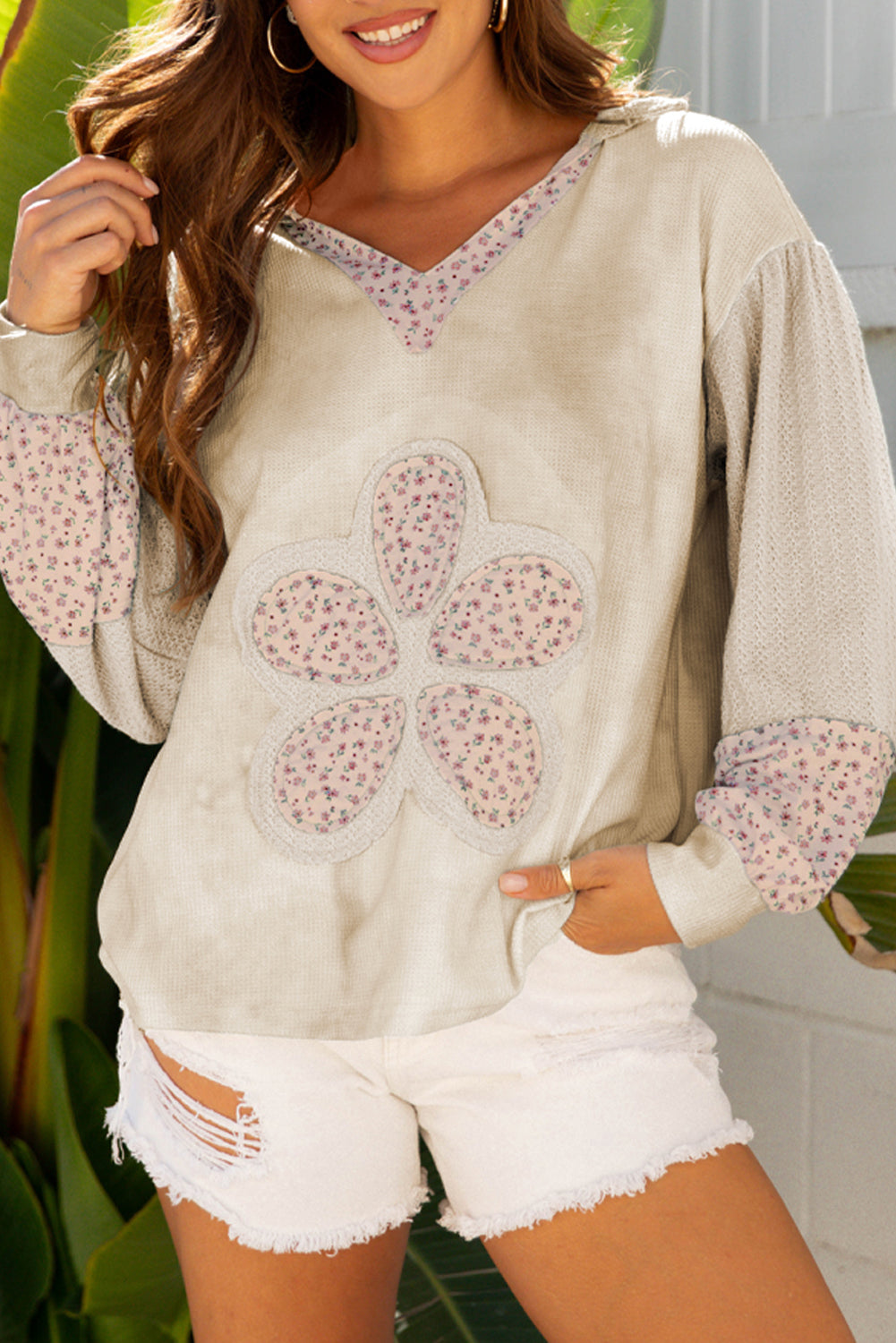 Floral Patchwork Waffle Textured V-Neck Hooded Top