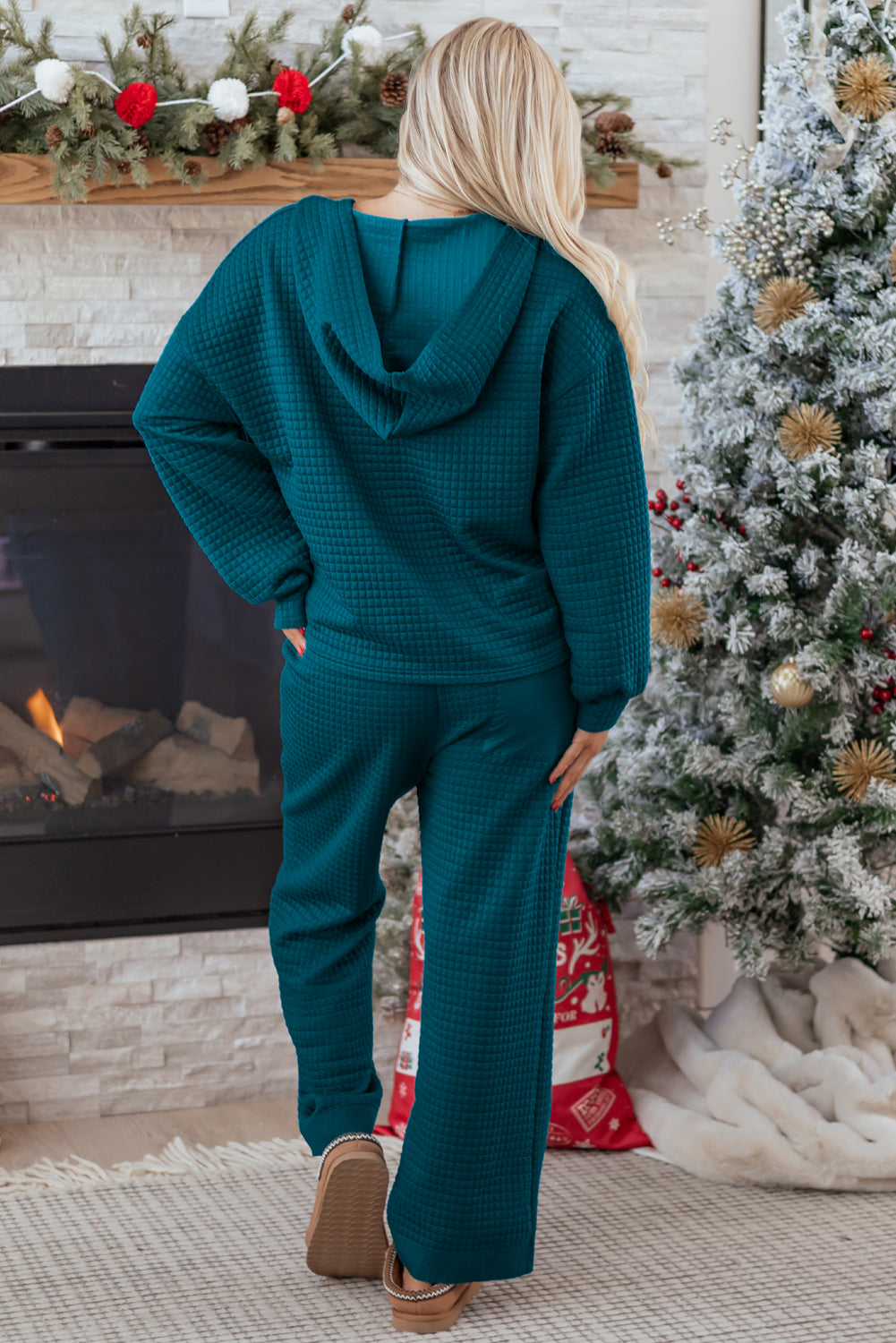 Waffle Textured Patchwork Hooded Top and Pants Set