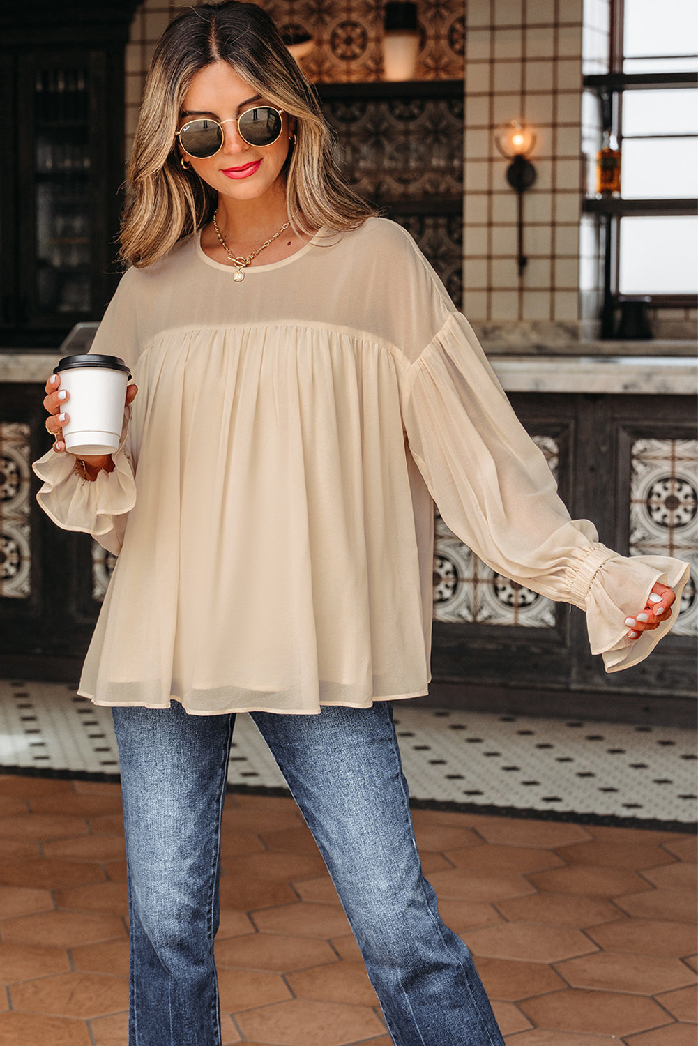 Solid Chiffon Pleated Ruffle Long Sleeve Blouse