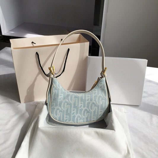 PU retro denim baguette armpit bag female, spring and summer shoulder bag, small hobo bag