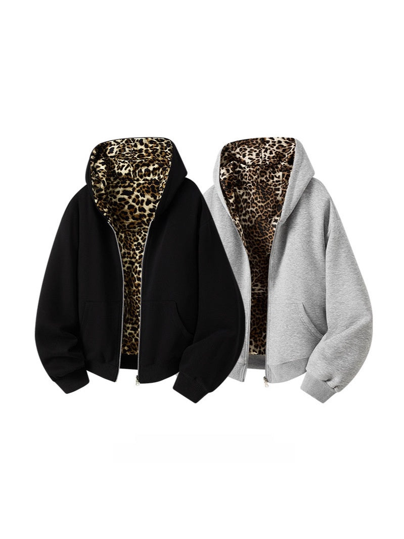Reversible Leopard Print Hooded Sweatshirt