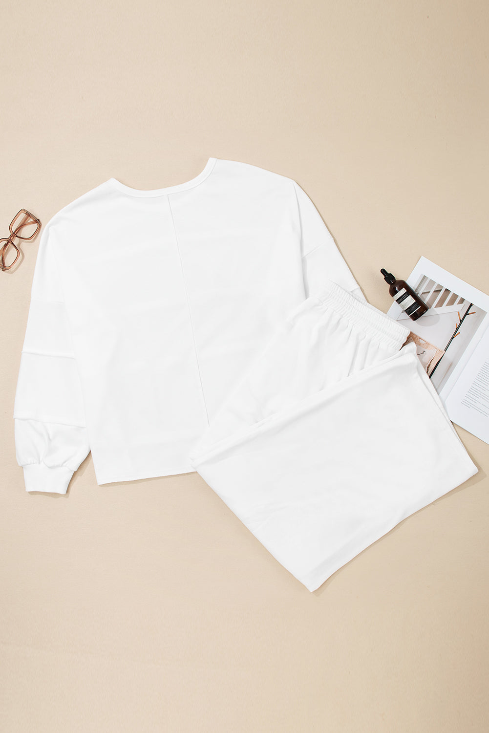 Plus Size Solid Raw Seam Top and Drawstring Pants Set