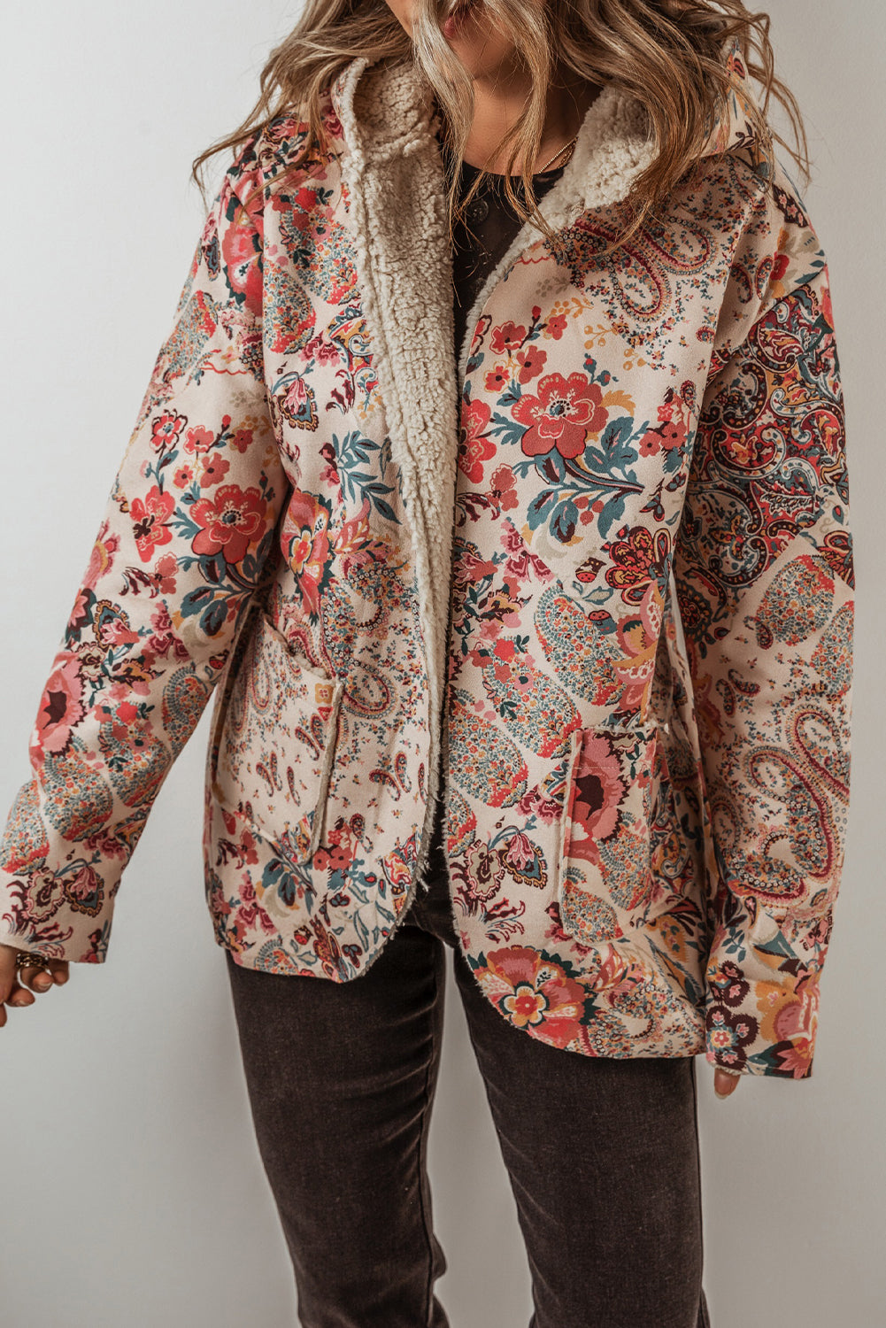 Floral Sherpa Lined Hooded Jacket