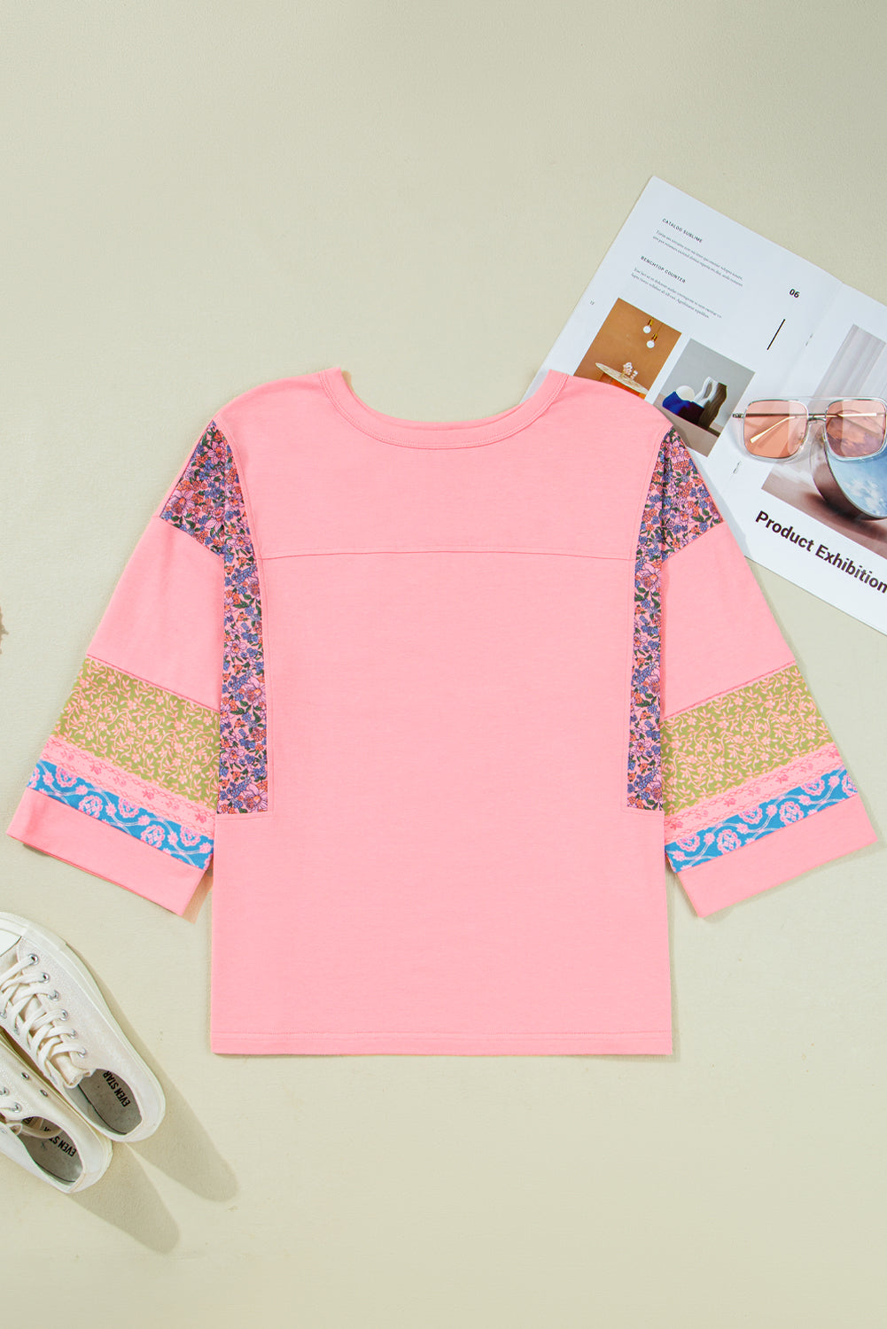 Floral Colorblock Patchwork 3/4 Sleeve Top