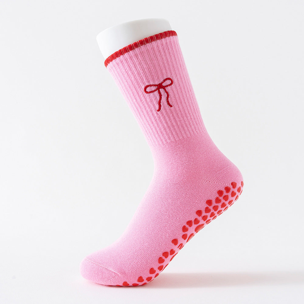 Yoga Socks Women's Mid-Calf Cotton Socks Breathable Embroidered Bow Professional Anti-Slip Dispensing Fitness Training Pilates Socks