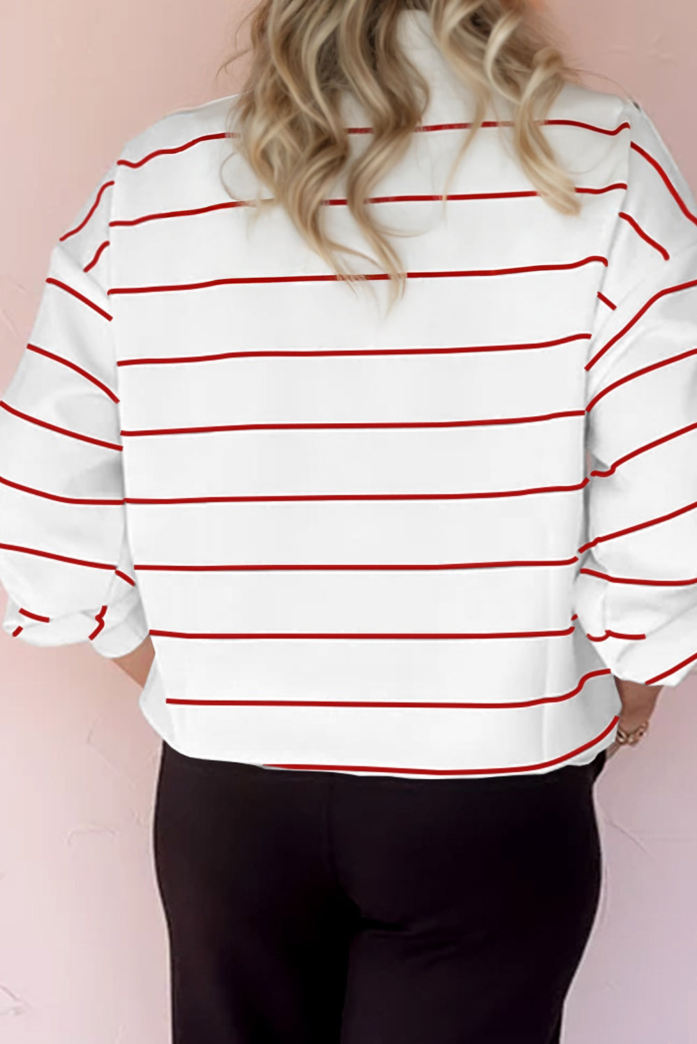 Stripe Zipped V-Neck Long Sleeve Top