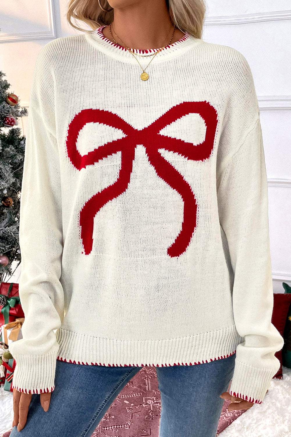 Christmas Bow Colorblock Long Sleeve Sweater