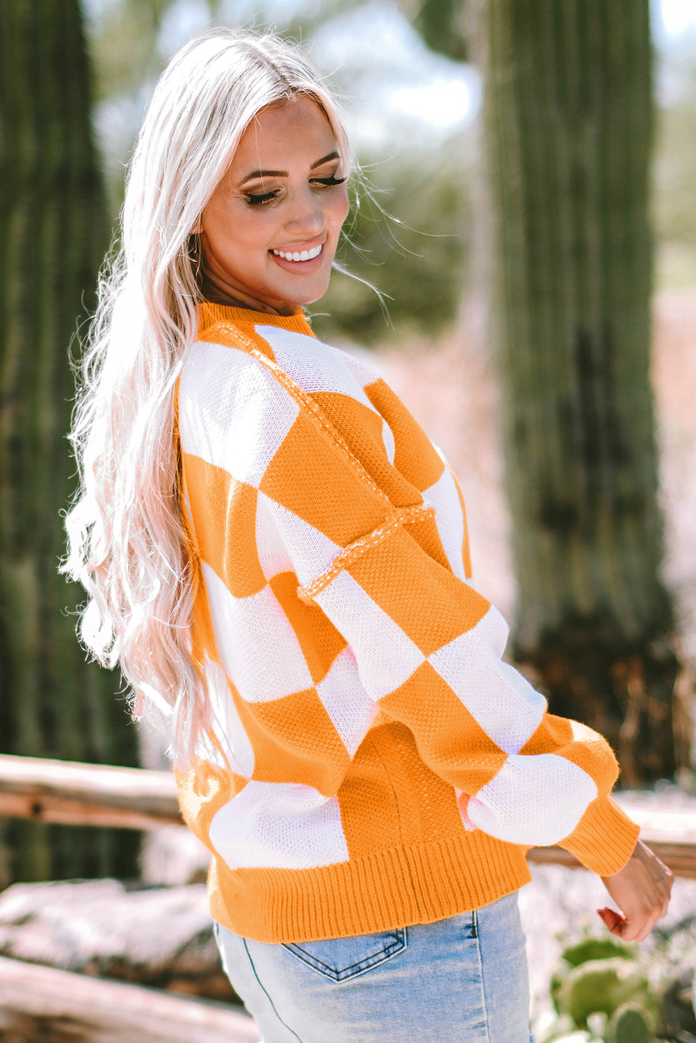 Checker Bishop Sleeve Sweater