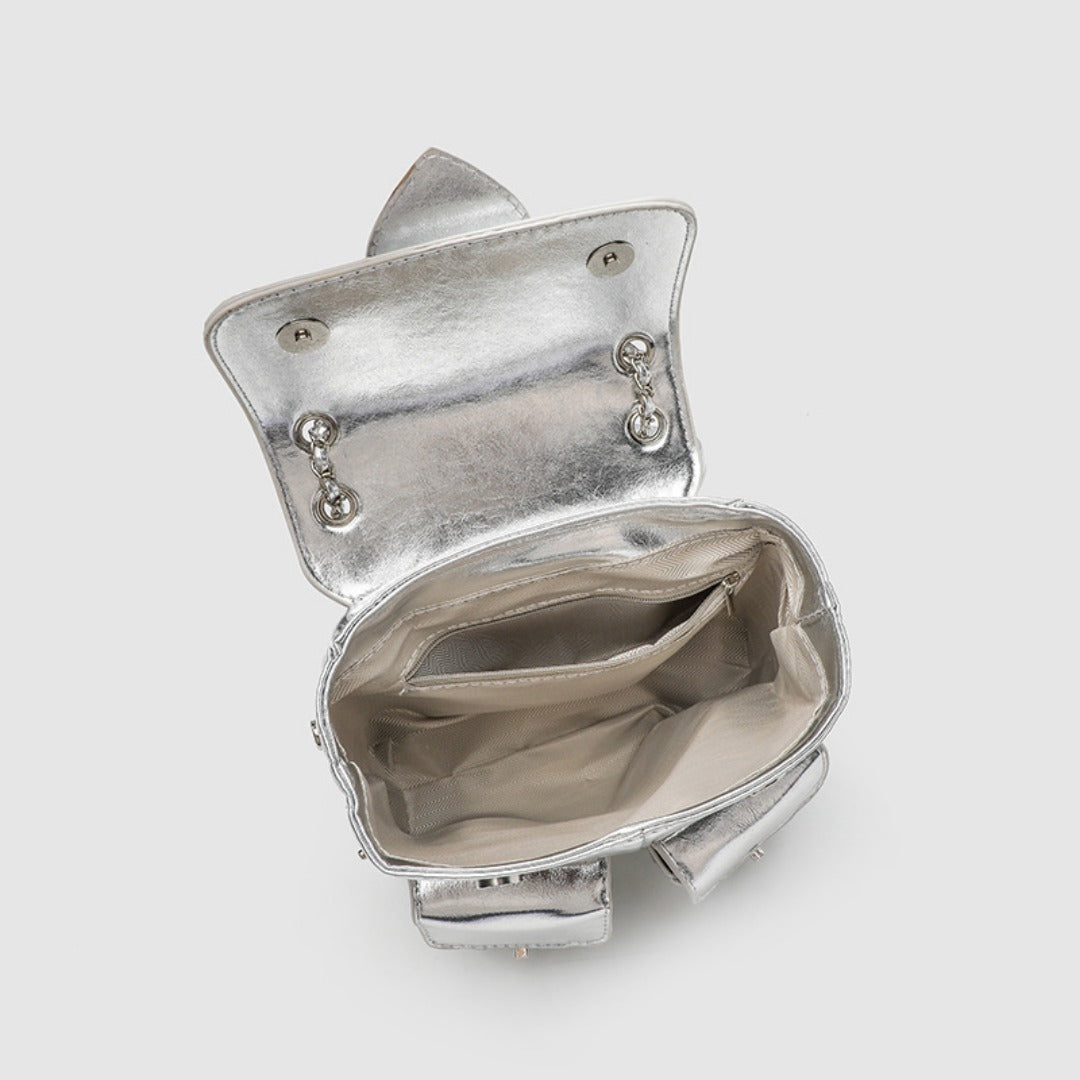 Elegant Design Silver Backpack Purse – Stylish Women's Fashion Chain Versatile Travel Bucket Bag with Metallic Finish