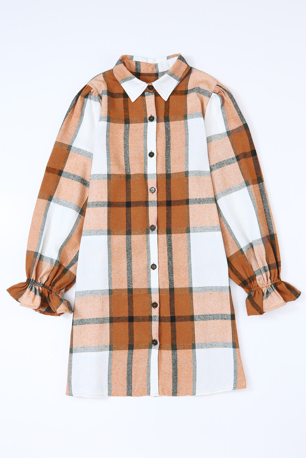 Plaid Collared Neck Ruffle Sleeve Shirt Dress