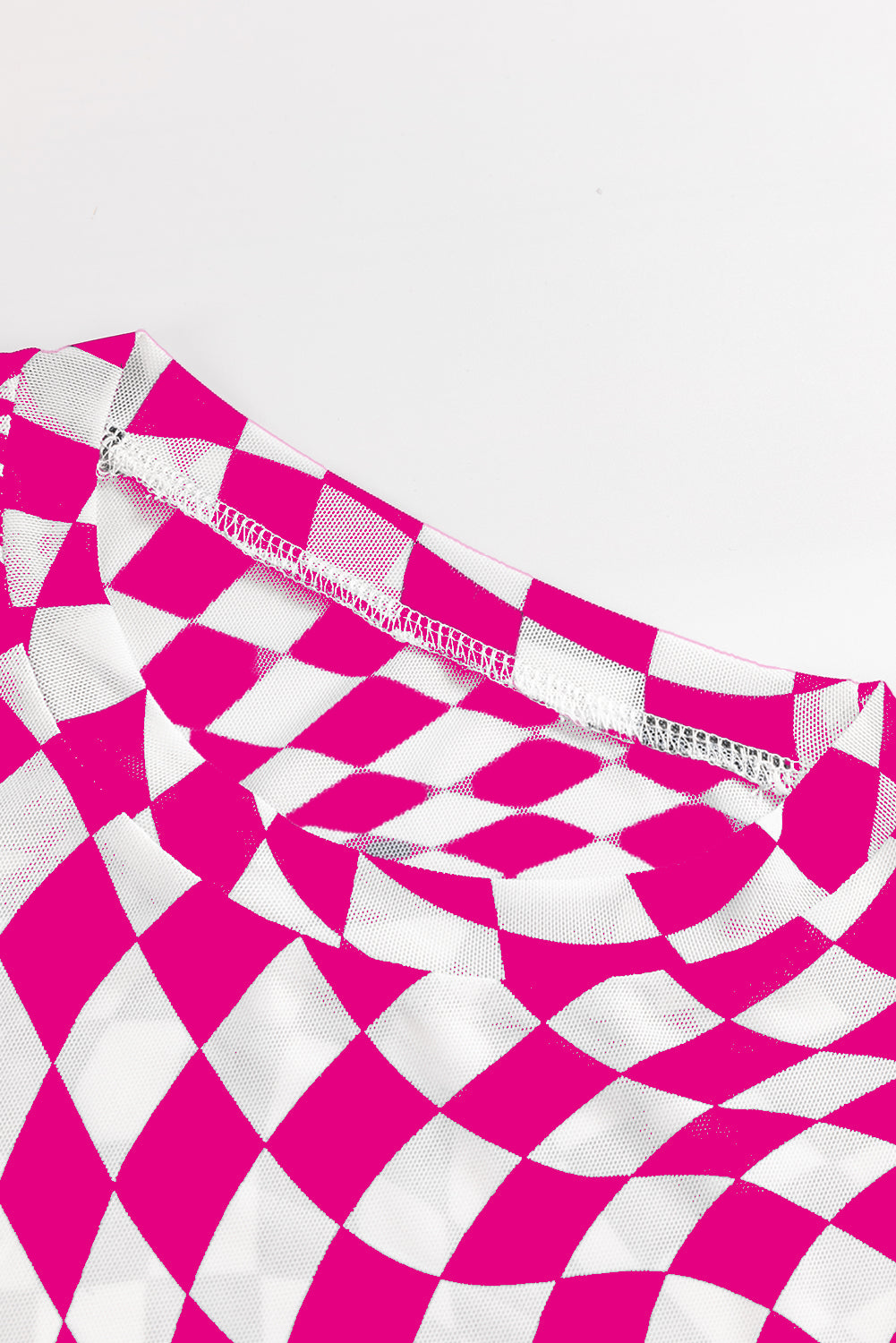 Checker Mesh Mock Neck Long Sleeve Top