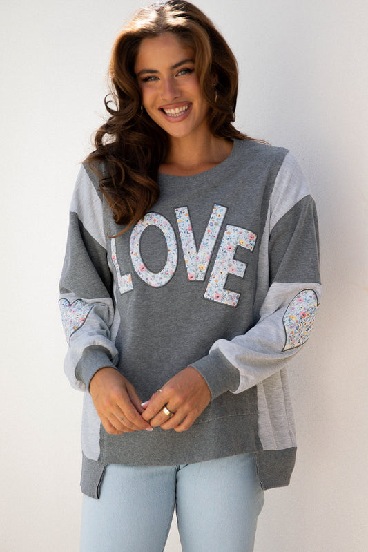 Floral LOVE Reverse Seam Patchwork Long Sleeve Sweatshirt