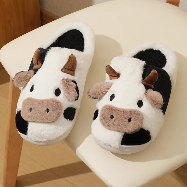 Winter Unisex Cute Cartoon Cow Warm Plush Slippers - # GIAA73610003