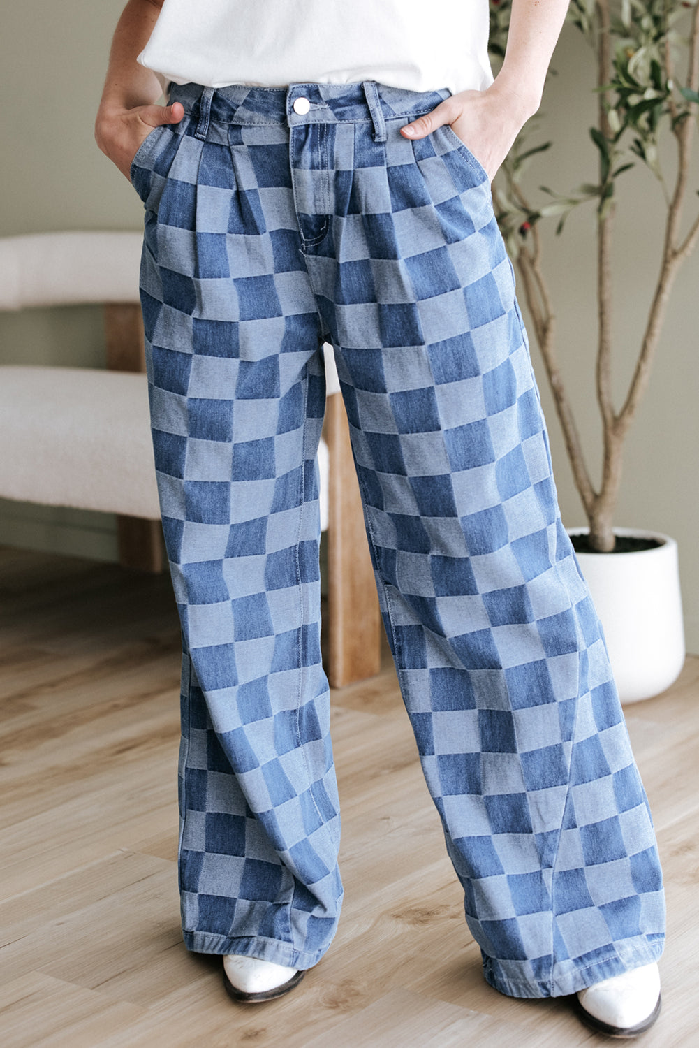 Checker Denim Wide Leg Jeans