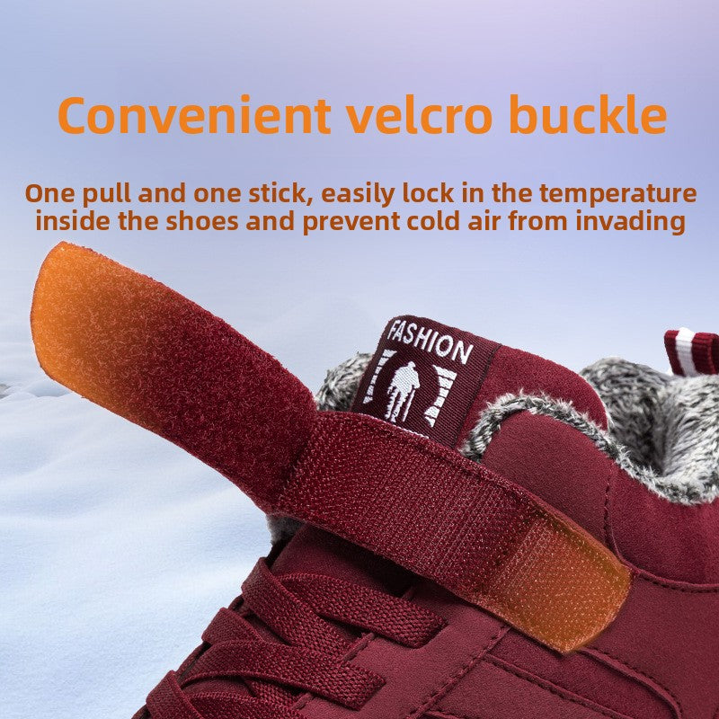 Winter fleece-lined high-top walking shoes for men and women.