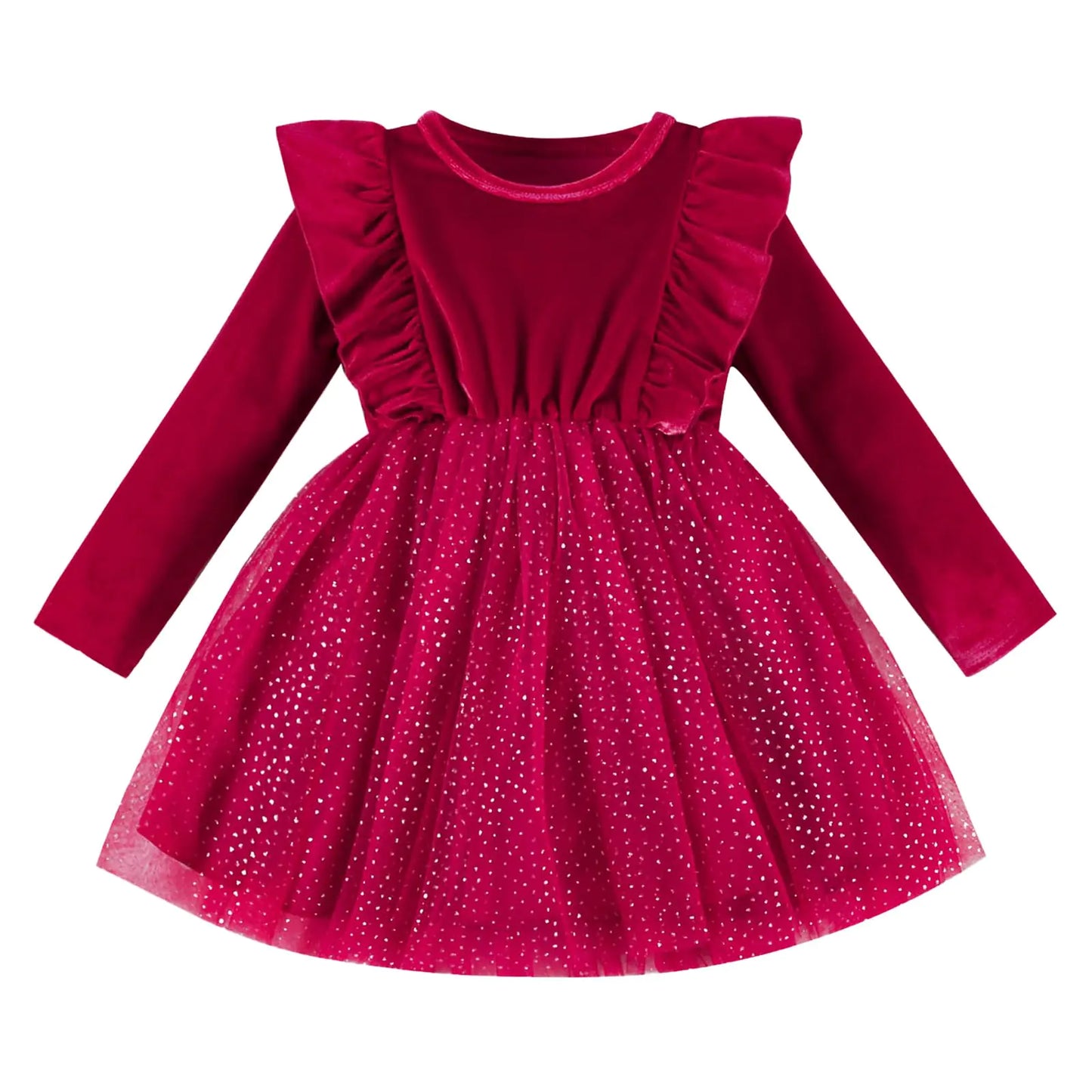 DREAM BUS Toddler Girl Christmas Dress-Baby Girl Long Sleeve Ruffled Velvet Top Tulle Dress-Special Occasion Dress Red - # GIAA211710016