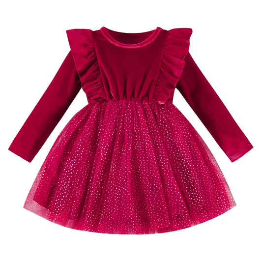 DREAM BUS Toddler Girl Christmas Dress-Baby Girl Long Sleeve Ruffled Velvet Top Tulle Dress-Special Occasion Dress Red - # GIAA211710016