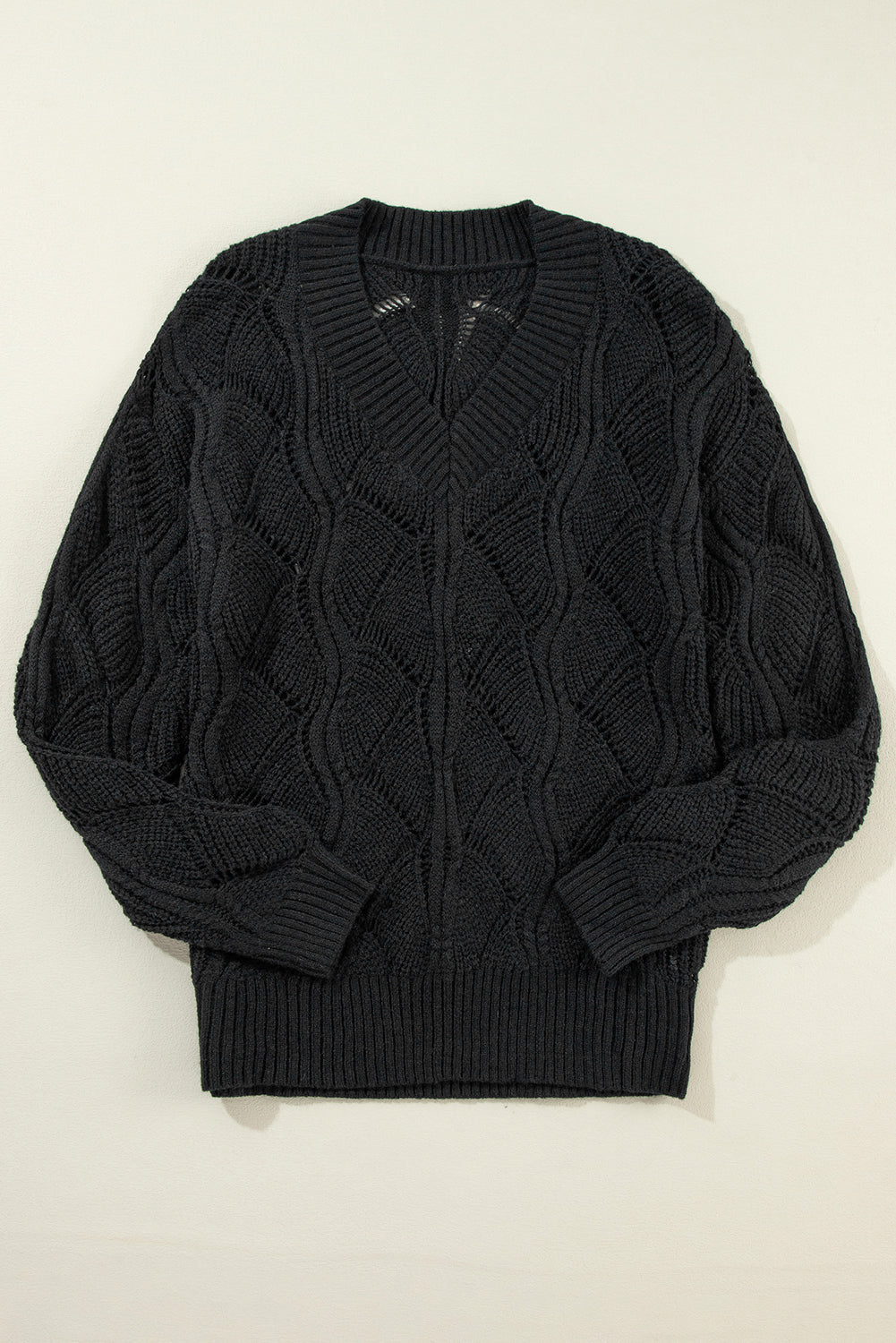 Hollow-Out Knit V-Neck Drop Shoulder Sweater