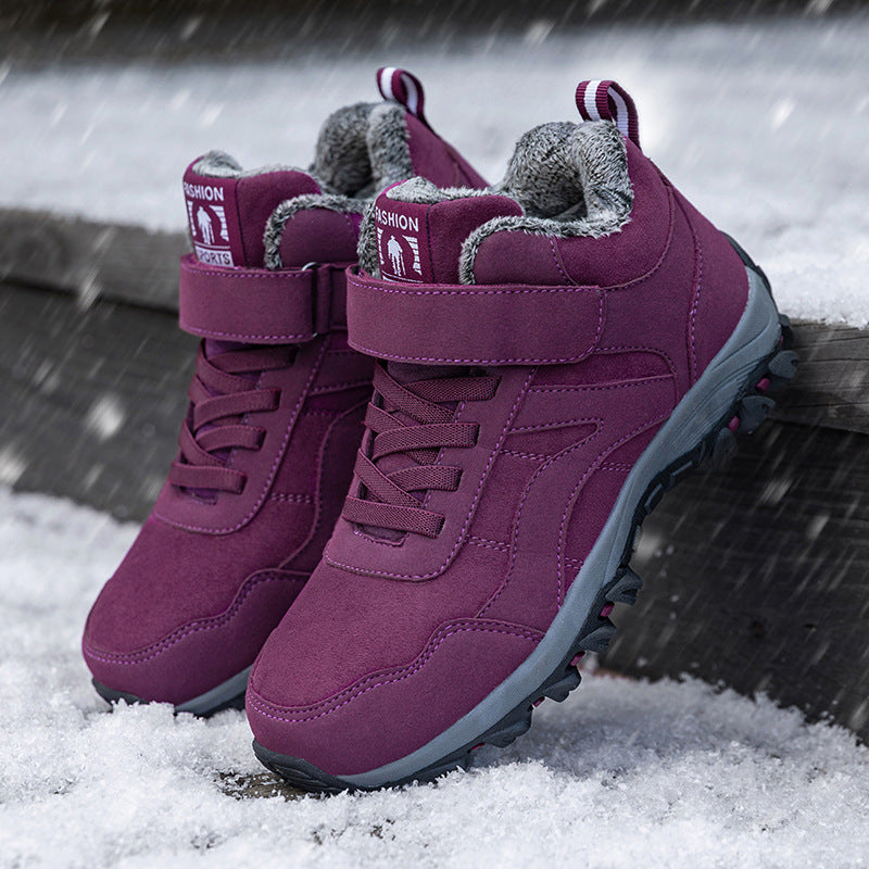 Winter fleece-lined high-top walking shoes for men and women.