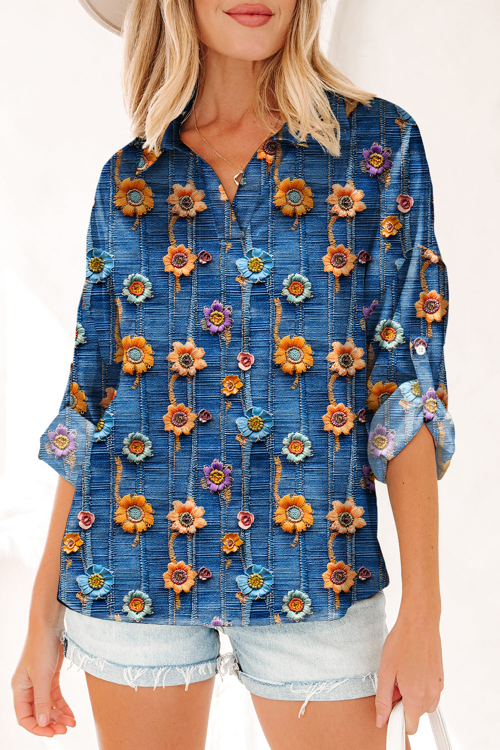 Floral Patchwork Long Sleeve Collared V-Neck Blouse