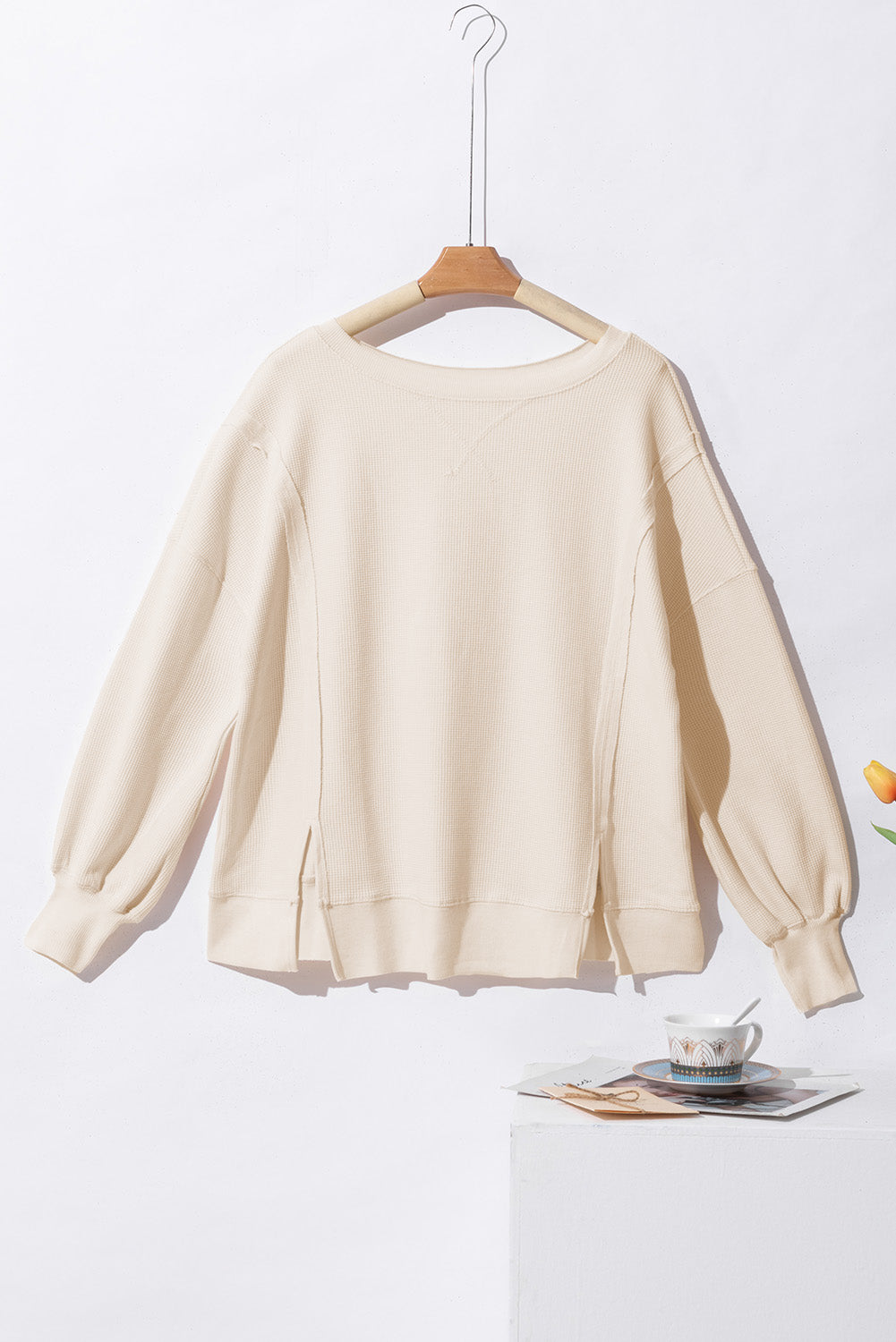 Waffle Knit Bishop Sleeve Side Split Top