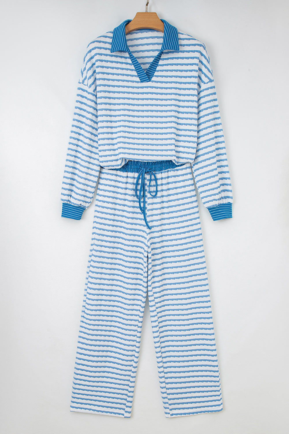 Stripe Collared Top and Drawstring Pants Set