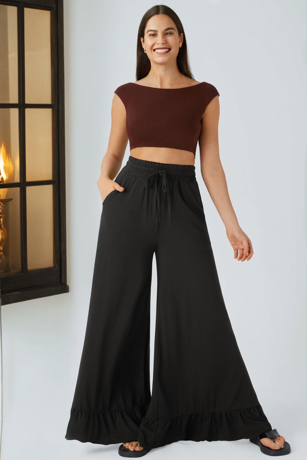 Solid Ruffle Wide Leg High Waist Pants