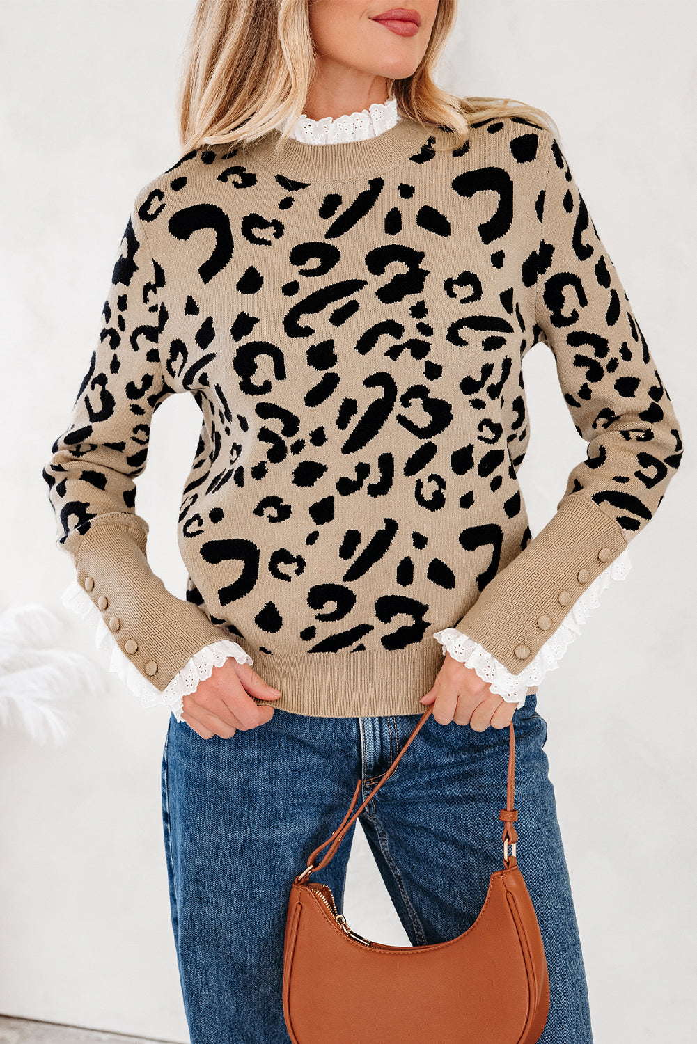 Leopard Lace Ribbed Trim Buttoned Cuff Sweater