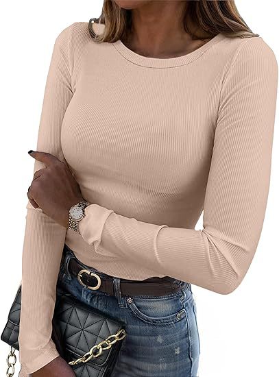 Long-sleeved Elastic Round Neck Rib T-shirt