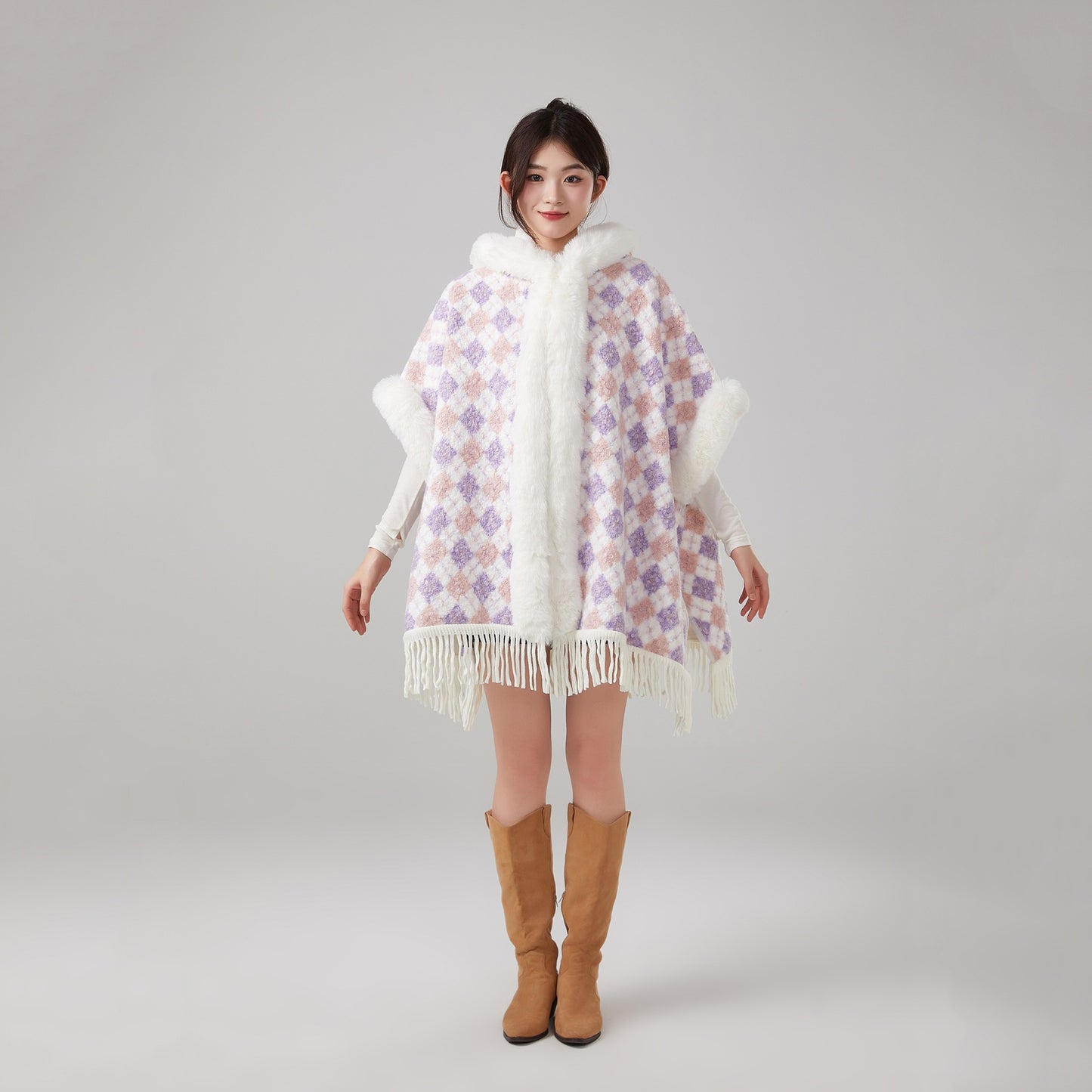 Hooded Fleece-Lined Cape with Tassel