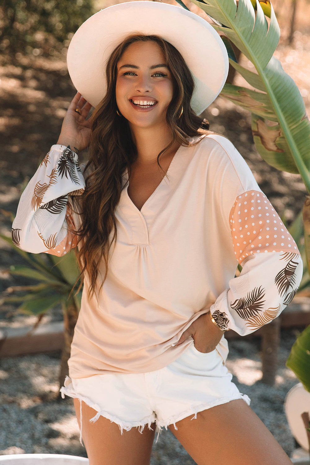 Tropical Polka Dot Patchwork Puff Sleeve V-Neck Blouse