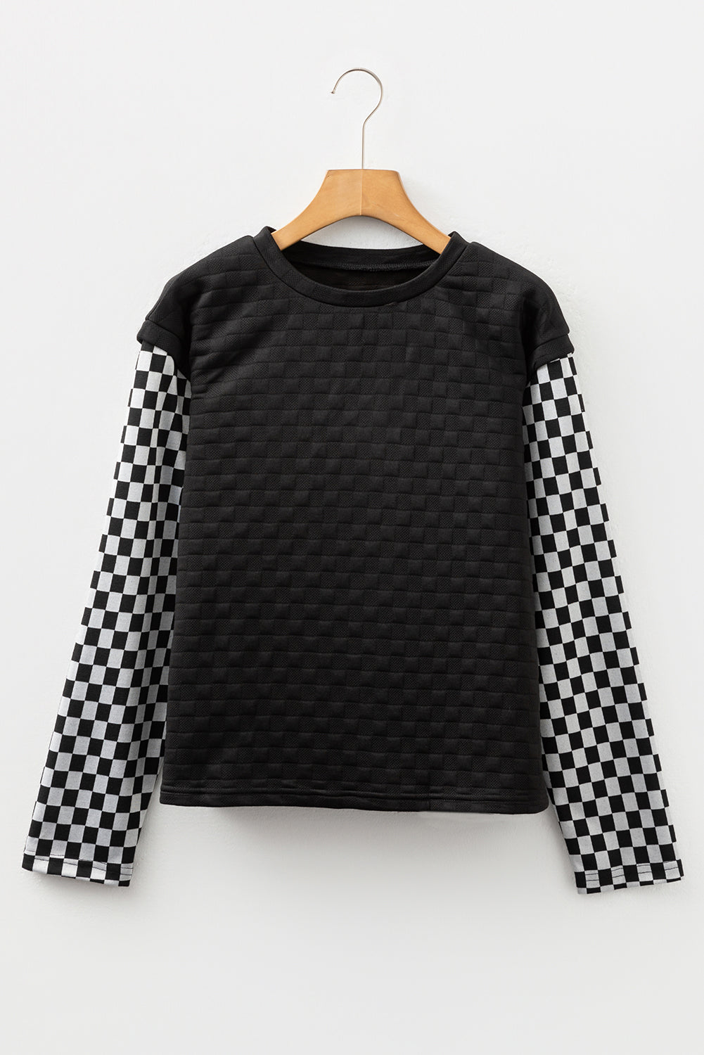 Checker Textured Patchwork Long Sleeve Top