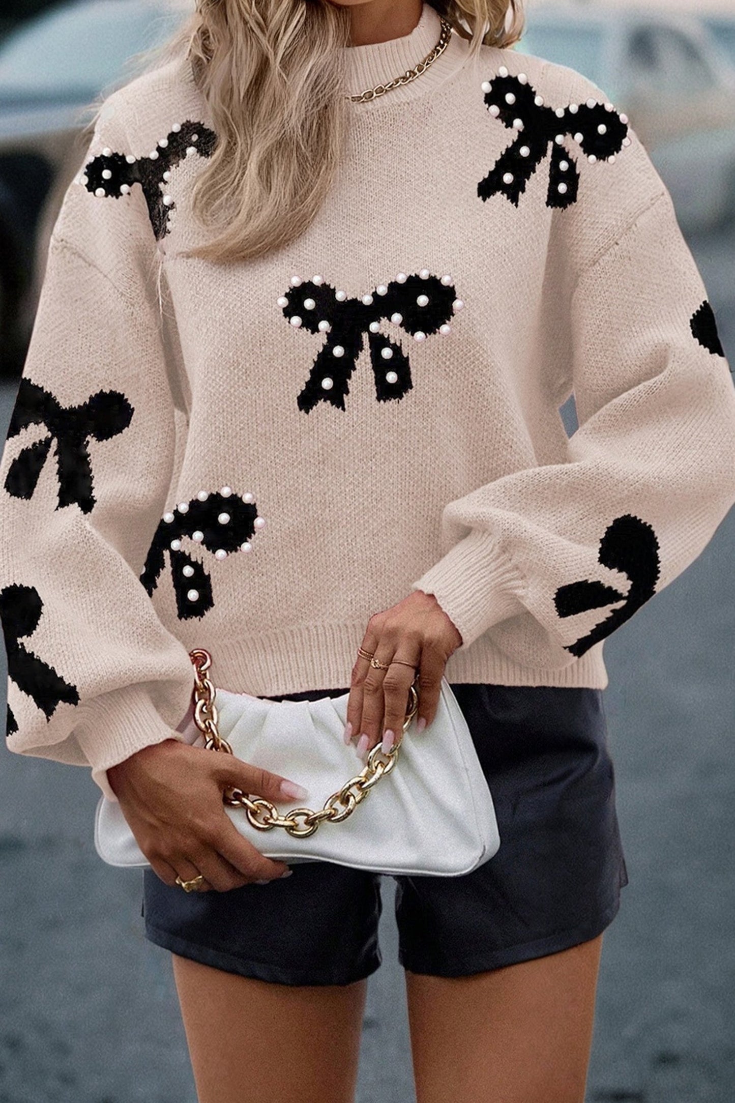 Bow Pearl Embellished Drop Shoulder Sweater