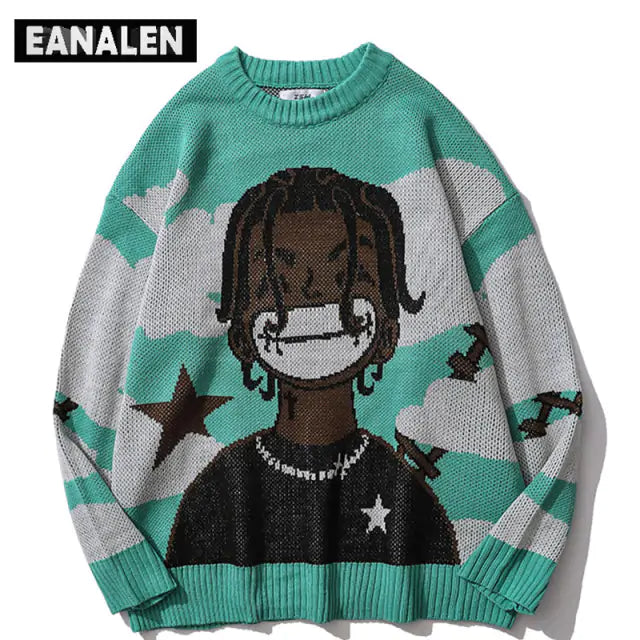 Harajuku vintage cartoon anime knitted sweater men winter oversized - # BOAA13510009
