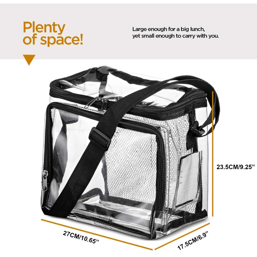 PVC clear lunch bag, adjustable strap front storage compartment mesh pocket, outdoor lunch bag with compartments