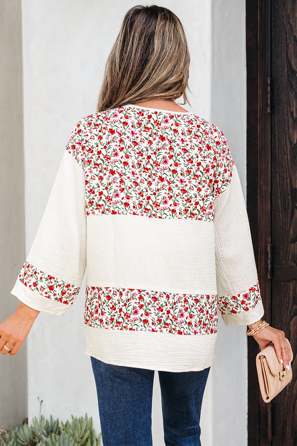 Floral Gauze Patchwork 3/4 Sleeve Blouse